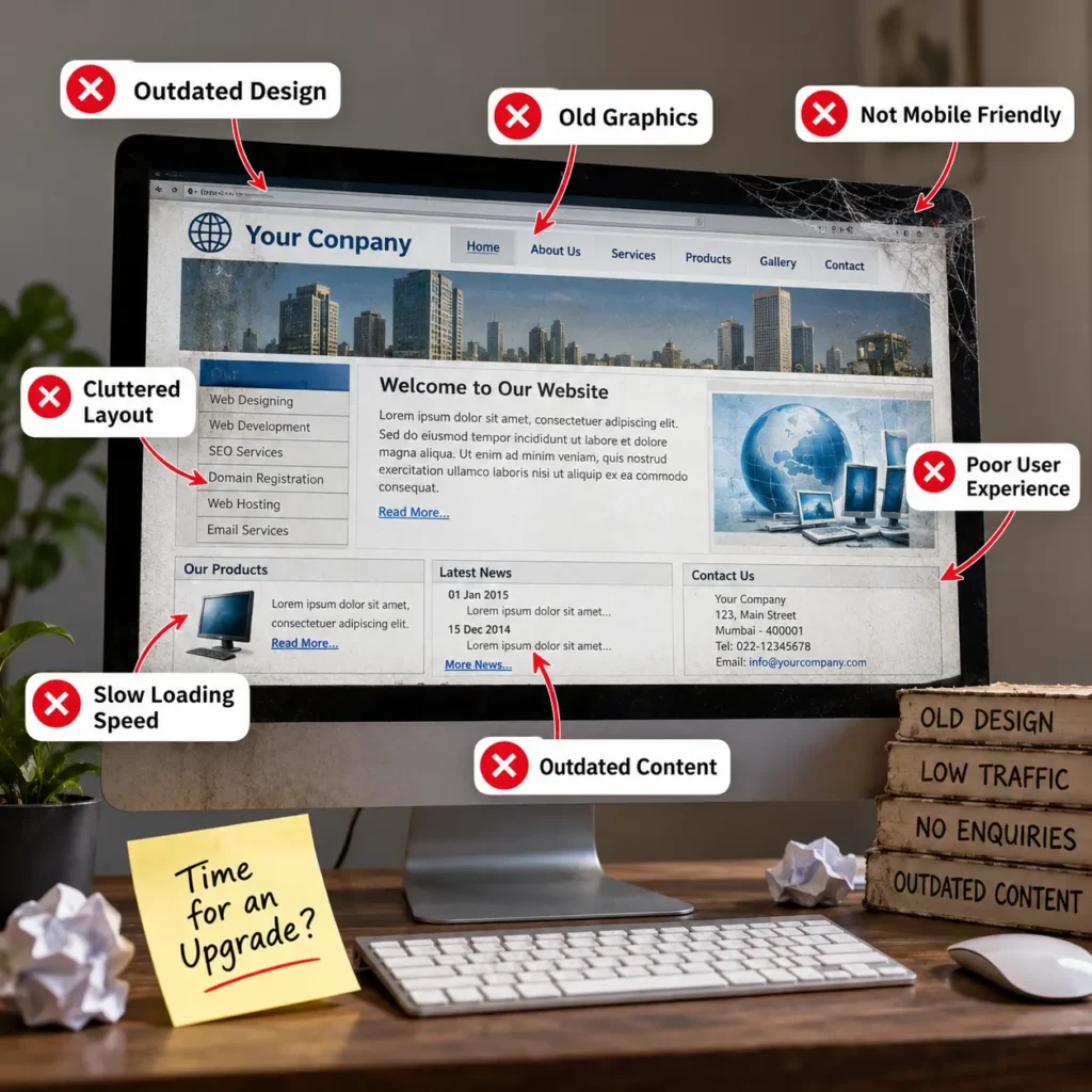 Outdated website design highlighting the need for website redesign, upgradation and maintenance